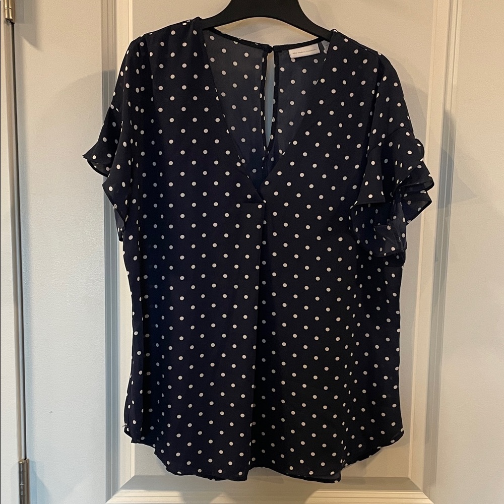 Navy Polka Dot Flutter Sleeve Blouse, Women’s Medium